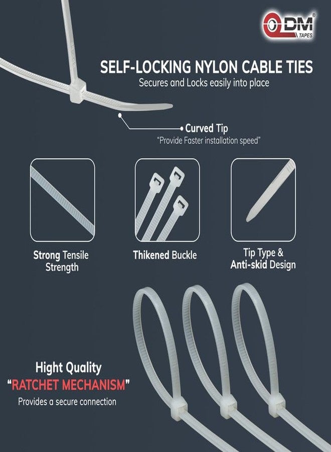 DM TAPES Nylon Self Locking Cable Ties, White (150mm 3.6 mm, 6 inch, Pack of 100) - Heavy Duty Strong Zip Wire Fastener Organizer Tie - Image 3